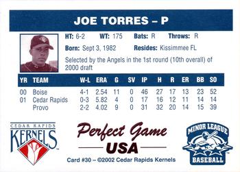 2002 Perfect Game Cedar Rapids Kernels #30 Joe Torres Back