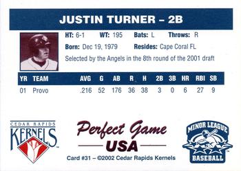 2002 Perfect Game Cedar Rapids Kernels #31 Justin Turner Back