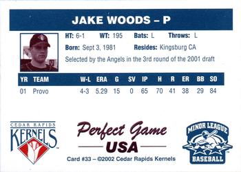 2002 Perfect Game Cedar Rapids Kernels #33 Jake Woods Back