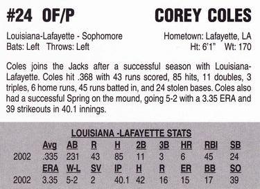 2002 Covington Lumberjacks #NNO Corey Coles Back