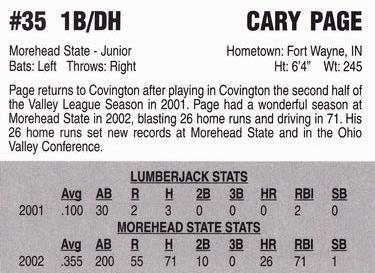 2002 Covington Lumberjacks #NNO Cary Page Back