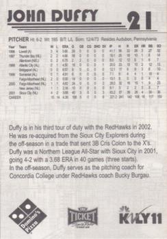2002 Fargo-Moorhead RedHawks #NNO John Duffy Back