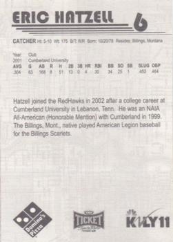 2002 Fargo-Moorhead RedHawks #NNO Eric Hatzell Back