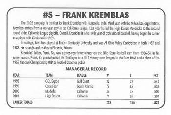 2002 Huntsville Stars #NNO Frank Kremblas Back