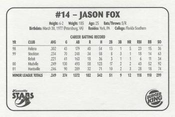 2002 Huntsville Stars #NNO Jason Fox Back