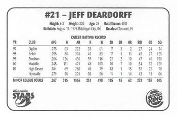 2002 Huntsville Stars #NNO Jeff Deardorff Back