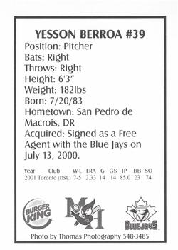 2002 Medicine Hat Blue Jays #NNO Yesson Berroa Back