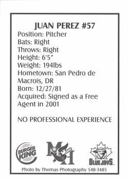 2002 Medicine Hat Blue Jays #NNO Juan Perez Back
