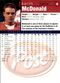2002 Post Memphis Redbirds #4 Keith McDonald Back