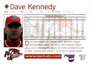 2002 Warning Track New Jersey Jackals #2 David Kennedy Back