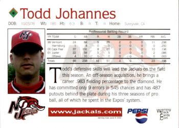 2002 Warning Track New Jersey Jackals #6 Todd Johannes Back