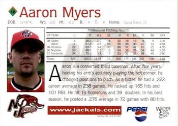 2002 Warning Track New Jersey Jackals #12 Aaron Myers Back