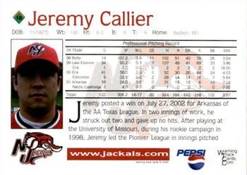2002 Warning Track New Jersey Jackals #16 Jeremy Callier Back