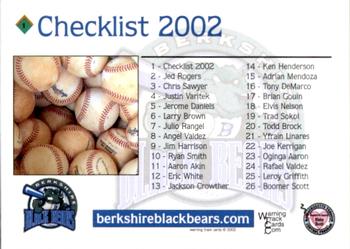 2002 Warning Track Berkshire Black Bears #1 Checklist Back