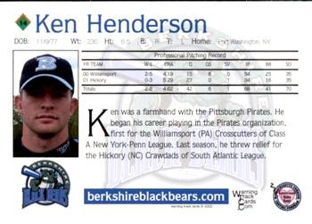 2002 Warning Track Berkshire Black Bears #14 Ken Henderson Back
