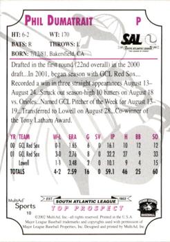 2002 MultiAd South Atlantic League Top Prospects #10 Phil Dumatrait Back