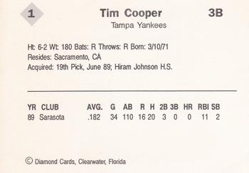 1990 Diamond Cards Tampa Yankees #1 Tim Cooper Back