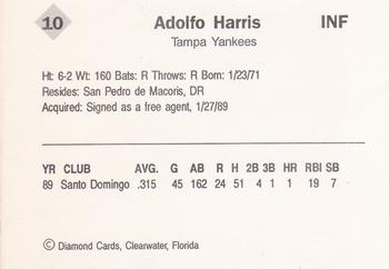 1990 Diamond Cards Tampa Yankees #10 Adolfo Harris Back