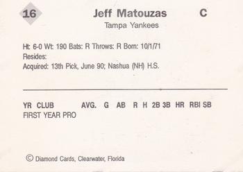 1990 Diamond Cards Tampa Yankees #16 Jeff Motuzas Back