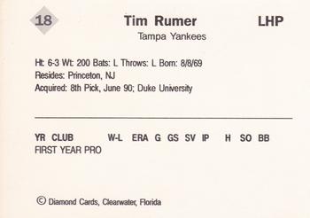 1990 Diamond Cards Tampa Yankees #18 Tim Rumer Back
