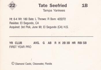 1990 Diamond Cards Tampa Yankees #22 Tate Seefried Back