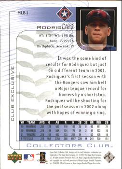 2002 Upper Deck Collectors Club #MLB1 Alex Rodriguez Back
