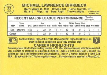 1987 Donruss #33 Mike Birkbeck Back