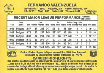 1987 Donruss #94 Fernando Valenzuela Back