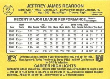 1987 Donruss #98 Jeff Reardon Back