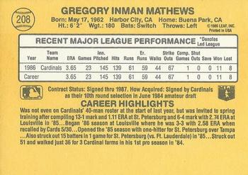 1987 Donruss #208 Greg Mathews Back
