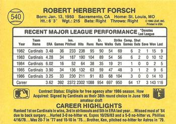 1987 Donruss #540 Bob Forsch Back