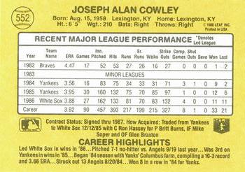 1987 Donruss #552 Joe Cowley Back