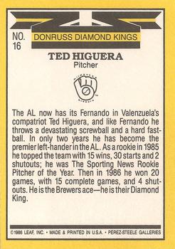 1987 Donruss #16 Ted Higuera Back