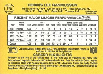 1987 Donruss #175 Dennis Rasmussen Back
