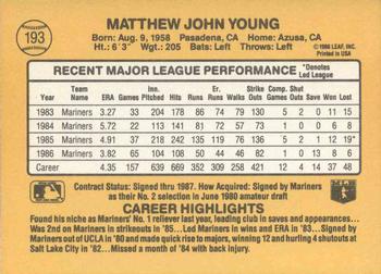 1987 Donruss #193 Matt Young Back