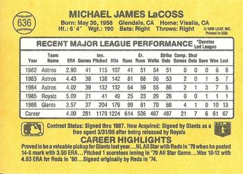 1987 Donruss #636 Mike LaCoss Back