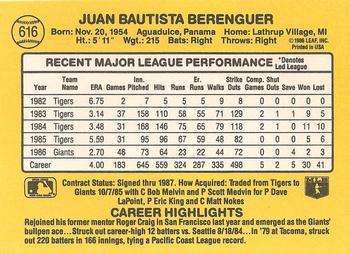 1987 Donruss #616 Juan Berenguer Back
