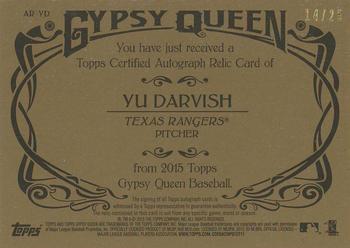 2015 Topps Gypsy Queen - Relic Autographs Gold #AR-YD Yu Darvish Back