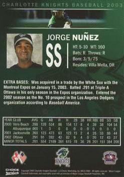 2003 Choice Charlotte Knights #17 Jorge Nunez Back