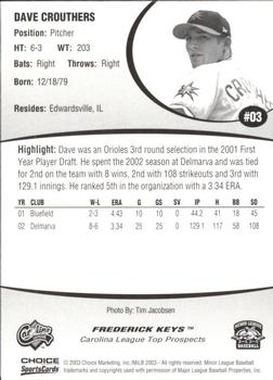 2003 Choice Carolina League Top Prospects #03 Dave Crouthers Back