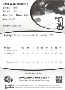 2003 Choice Carolina League Top Prospects #05 John Vanbenschoten Back