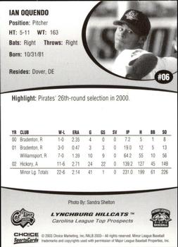 2003 Choice Carolina League Top Prospects #06 Ian Oquendo Back