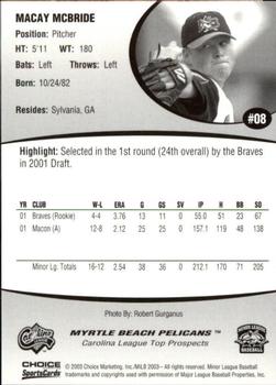 2003 Choice Carolina League Top Prospects #08 Macay McBride Back
