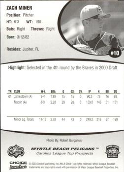 2003 Choice Carolina League Top Prospects #10 Zach Miner Back