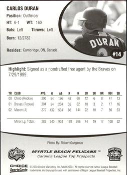 2003 Choice Carolina League Top Prospects #14 Carlos Duran Back