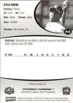 2003 Choice Carolina League Top Prospects #19 Kyle Edens Back