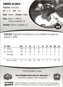 2003 Choice Carolina League Top Prospects #25 Andres Blanco Back