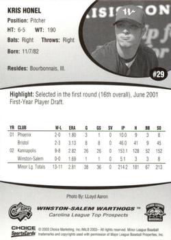 2003 Choice Carolina League Top Prospects #29 Kris Honel Back
