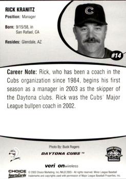2003 Choice Daytona Cubs #14 Rick Kranitz Back