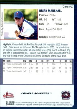 2003 Choice Lowell Spinners #07 Brian Marshall Back